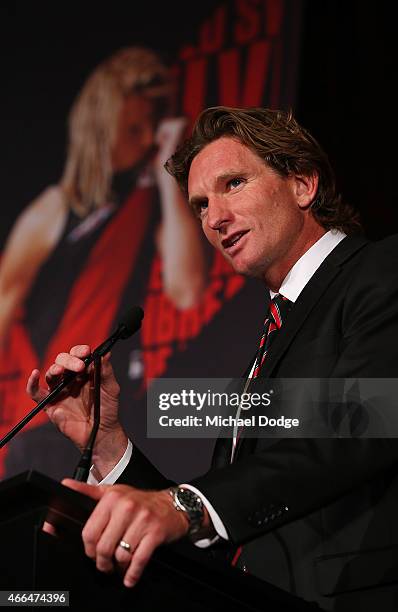 Bombers Head Coach James Hird speaks during the Essendon Bombers 2015 AFL season launch at Luminare on March 16, 2015 in Melbourne, Australia.