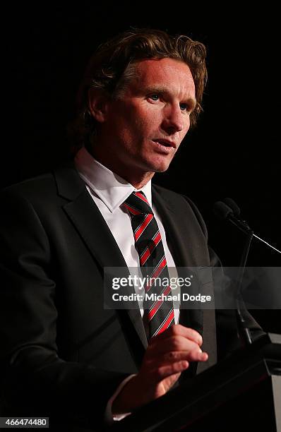 Bombers Head Coach James Hird speaks during the Essendon Bombers 2015 AFL season launch at Luminare on March 16, 2015 in Melbourne, Australia.