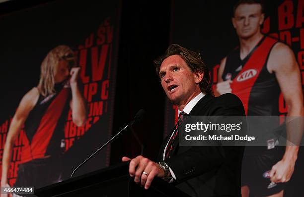 Bombers Head Coach James Hird speaks during the Essendon Bombers 2015 AFL season launch at Luminare on March 16, 2015 in Melbourne, Australia.