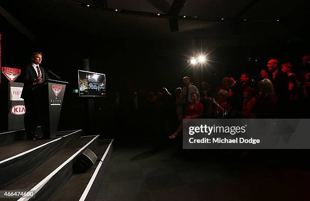 Bombers Head Coach James Hird speaks during the Essendon Bombers 2015 AFL season launch at Luminare on March 16, 2015 in Melbourne, Australia.