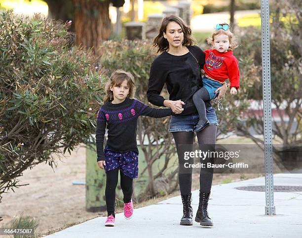 Jessica Alba with Haven Warren and Honor Warren are seen on February 01, 2014 in Los Angeles, California.