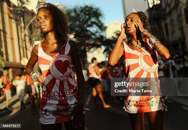 Revelers march in the first street parade of the 2014 Carnival season through the historic Afro-Brazilian port district during the Circuito da Liga...