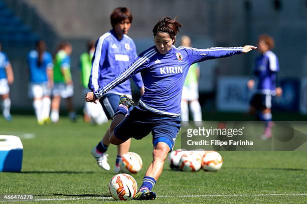 Asano Nagasato of Japan during the Women's Algarve Cup match between Japan and Iceland at Estadio Algarve on March 11, 2015 in Faro, Portugal.