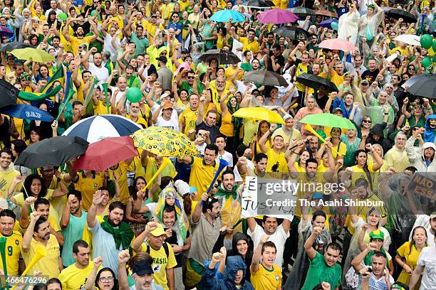 Anti-government protesters demonstrate on March 15, 2015 in Sao Paulo, Brazil. Protests across the country were held today against President Dilma...