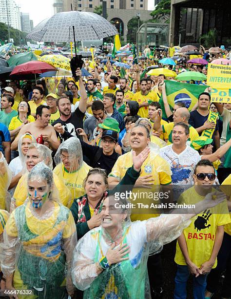 Anti-government protesters demonstrate on March 15, 2015 in Sao Paulo, Brazil. Protests across the country were held today against President Dilma...