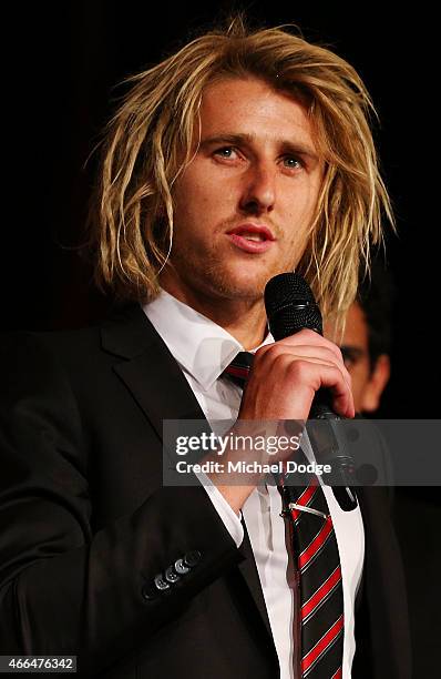 Dyson Heppell speaks to media during the Essendon Bombers 2015 AFL season launch at Luminare on March 16, 2015 in Melbourne, Australia.