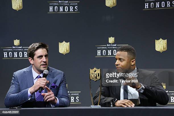Green Bay Packers quarterback Aaron Rodgers and wide receiver Randall Cobb win the Never Say Never Moment of the Year at the 3rd Annual NFL Honors at...