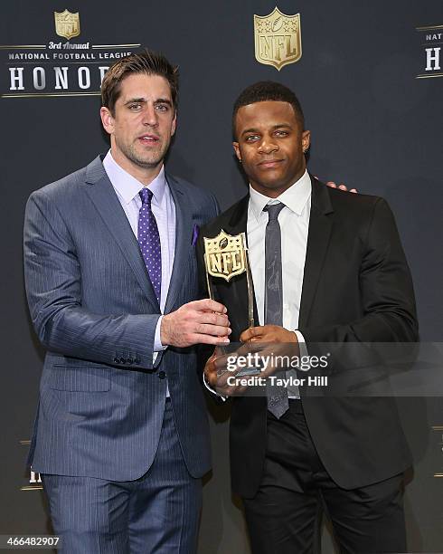 Green Bay Packers quarterback Aaron Rodgers and wide receiver Randall Cobb win the Never Say Never Moment of the Year at the 3rd Annual NFL Honors at...