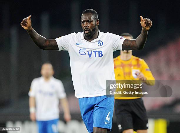 Christopher Samba of Dinamo Moskva in action during the UEFA Europa League Round of 16 football match between SSC Napoli and FC Dinamo Moskva at the...