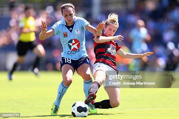 Emma Kete of Sydney FC competes with Linda O'Neill of Western Sydney Wanderers during the round 11 A-League match between the Western Sydney...