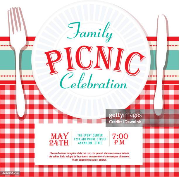 bildbanksillustrationer, clip art samt tecknat material och ikoner med picnic or barbecue family fun event invitation design template - bordsduk