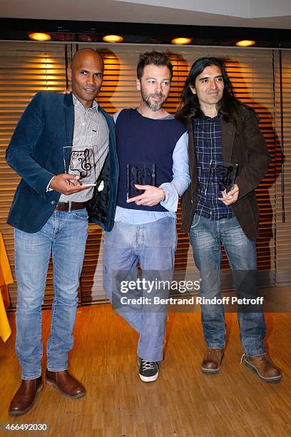 Autor Michael Seilhan-Ibrahim, Autor, Composer and Singer Christophe Mae and Composer Felipe Saldivia pose with their 'Song Award' for the song...