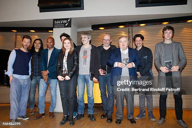 Autor, Composer and Singer Christophe Mae, Autor Michael Seilhan-Ibrahim and Composer Felipe Saldivia, winners of the 'Song Award' for the song...