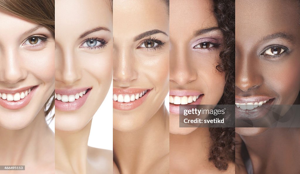 Close-up de 5 sobrepostas sorridente Mulheres Jovens