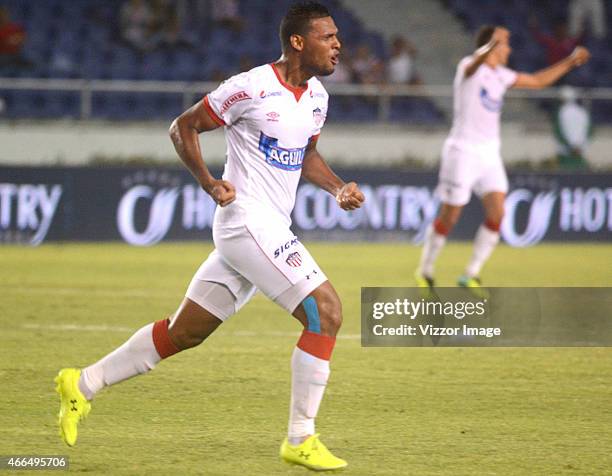 Felix Noguera player of Atletico Junior celebrates a scored goal to Uniautonoma during a match between Uniautonoma and Atletico Junior as part of...