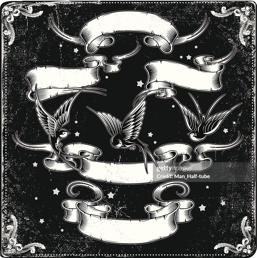 Illustration of ribbons and birds in black and white