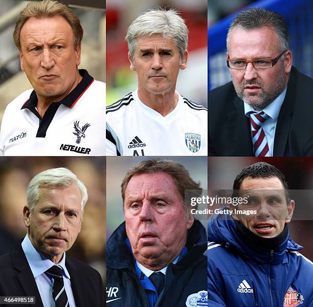 In this composite image a comparision has been made between Managers Neil Warnock,Alan Irvine,Paul Lambert, Alan Pardew,Harry Redknapp and Gus Poyet....