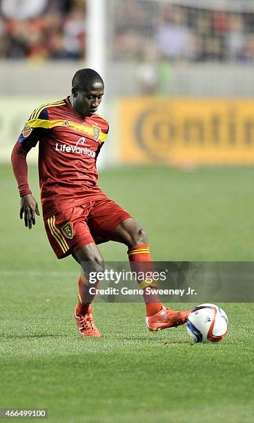 Demar Phillips of Real Salt Lake directs the ball during their game against the Philadelphia Union at Rio Tinto Stadium on March 14, 2015 in Sandy,...