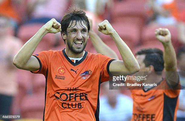 Thomas Broich of the Roar celebrates victory after the round 17 A-League match between Brisbane Roar and the Central Coast Mariners at Suncorp...