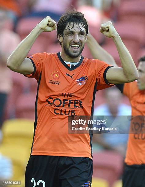 Thomas Broich of the Roar celebrates victory after the round 17 A-League match between Brisbane Roar and the Central Coast Mariners at Suncorp...