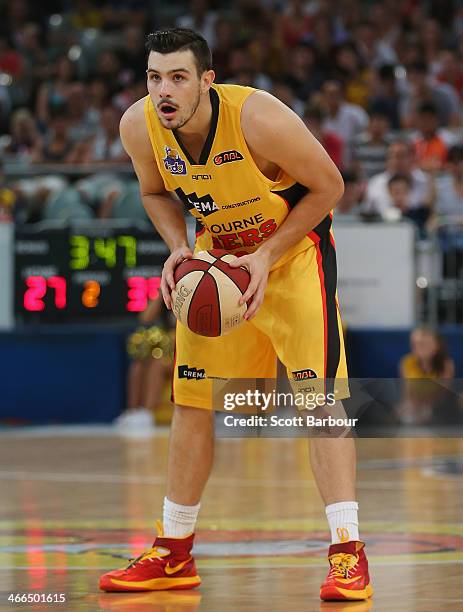 Chris Goulding of the Tigers controls the ball during the round 16 NBL match between the Melbourne Tigers and the Perth Wildcats at Hisense Arena on...