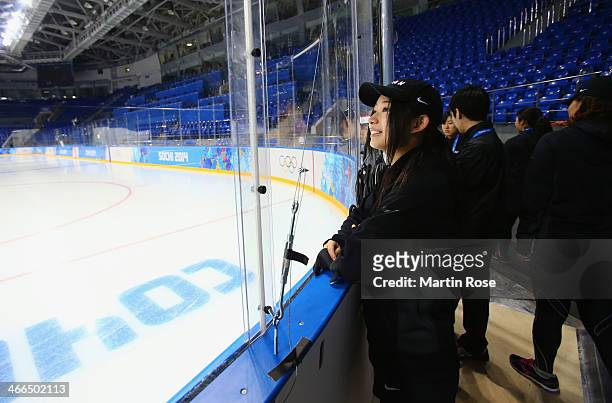 Members of the Japan ice hockey teams attend a training session ahead of the Sochi 2014 Winter Olympics at Shayba Arena on February 2, 2014 in Sochi,...