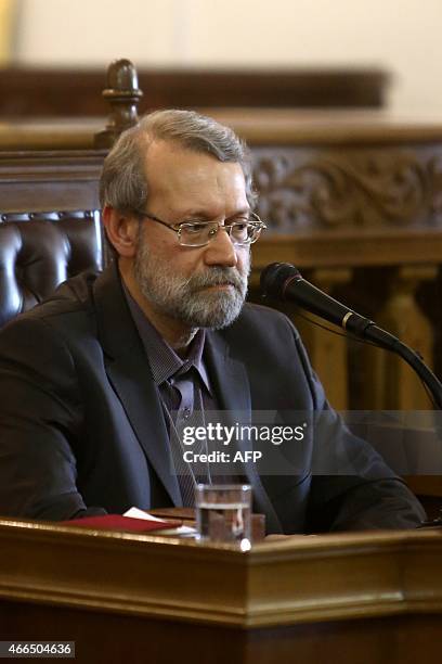 Iranian Parliament Speaker, Ali Larijani, speaks to the media during a press conference in Tehran on March 16,2015. Iranian MPs will not derail a...