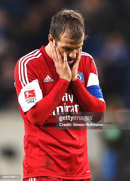 Rafael van der Vaart of Hamburg reacts after the Bundesliga match between 1899 Hoffenheim and Hamburger SV at Wirsol Rhein-Neckar Arena Sinsheim on...