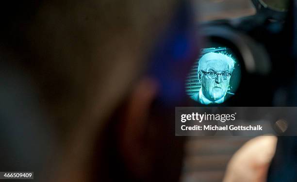 German Foreign Minister Frank-Walter Steinmeier is seen in the viewfinder of a TV-camera during a meeting with journalists at the 50th Munich...