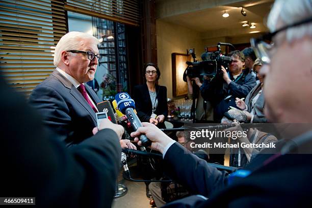 German Foreign Minister Frank-Walter Steinmeier meets with journalists at the 50th Munich Security Conference on February 01, 2014 in Munich, Germany.