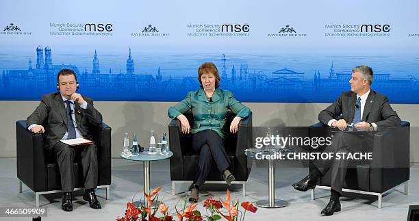 The European Union's High Representative for Foreign Affairs and Security Policy Catherine Ashton is flanked by Serbian Prime Minister Ivica Dacic...