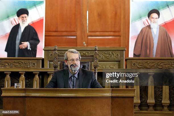 Speaker of the Iran's Parliament Ali Larijani gives a speech during a press conference at parliament building in Tehran, Iran, on March 16, 2015.