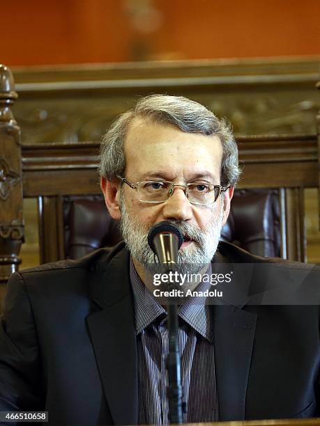 Speaker of the Iran's Parliament Ali Larijani gives a speech during a press conference at parliament building in Tehran, Iran, on March 16, 2015.