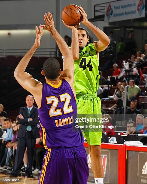 Grant Jerrett of the Idaho Stampede shoots the ball against the Los Angeles D-Fenders during an NBA D-League game on March 14, 2015 at CenturyLink...