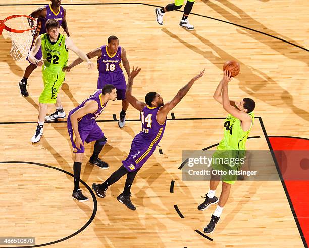 Grant Jerrett of the Idaho Stampede shoots the ball against the Los Angeles D-Fenders during an NBA D-League game on March 14, 2015 at CenturyLink...