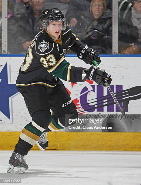 Julius Bergman of the London Knights skates against the Owen Sound Attack during an OHL game at Budweiser Gardens on March 13, 2015 in London,...