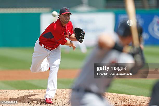 John Lackey of the St Louis Cardinals throws the ball against the Detroit Tigers n the second inning during a spring training game at Roger Dean...