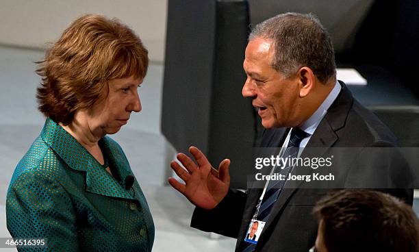 European Union High Representative for Foreign Affairs and Security Policy Catherine Ashton meets Anwar Esmat El Sadat, chairman and founder of the...