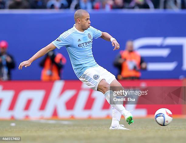 Jason Hernandez of New York City FC passes the ball in the first half against the New England Revolution during the inaugural game of the New York...