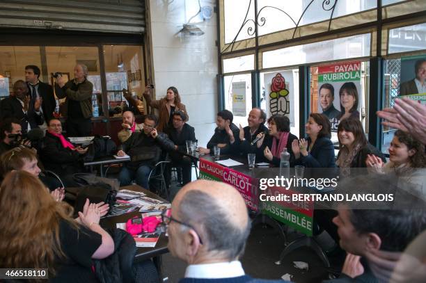 Ecologist party member of parliament and former minister Cecile Duflot and French former Minister Marie-Arlette Carlotti attend a meeting to support...