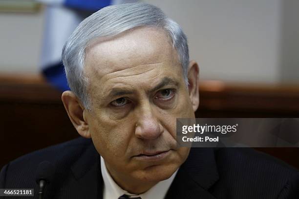 Israel's Prime Minister Benjamin Netanyahu chairs the weekly cabinet meeting on February 2, 2014 in Jerusalem, Israel. Netanyahu discussed issues...