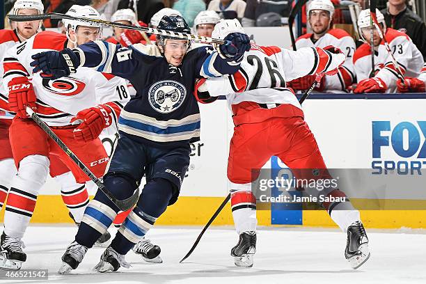 Corey Tropp of the Columbus Blue Jackets skates against the Carolina Hurricanes on March 15, 2015 at Nationwide Arena in Columbus, Ohio.