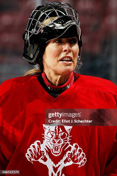ESPNs Linda Cohn participates in the Goal of a Lifetime Contest for goaltender tryouts by the Florida Panthers at the BB&T Center on March 16, 2015...
