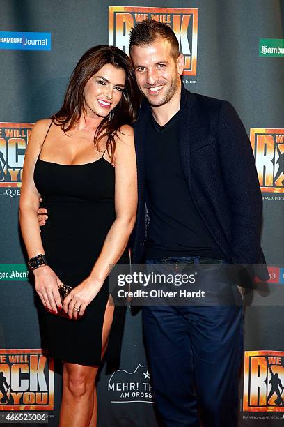 Rafael van der Vaart and his girlfriend Sabia Boulahrouz pose during the premiere of the musical 'We Will Rock You' on March 16, 2015 in Hamburg,...