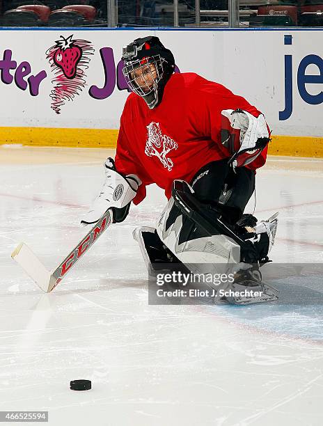 ESPNs Linda Cohn defends the net while participating in the Goal of a Lifetime Contest for goaltender tryouts by the Florida Panthers at the BB&T...