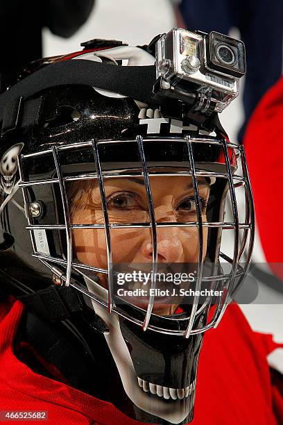 ESPNs Linda Cohn participates in the Goal of a Lifetime Contest for goaltender tryouts by the Florida Panthers at the BB&T Center on March 16, 2015...