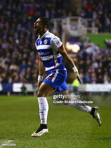 Garath McCleary of Reading celebrates scoring his team's second goal during the FA Cup Quarter Final Replay match between Reading and Bradford City...