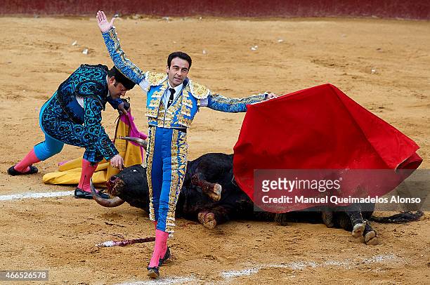 Spanish bullfighter Enrique Ponce performs during a bullfighting as part of the Las Fallas Festival in a bullfight on March 16, 2015 in Valencia,...
