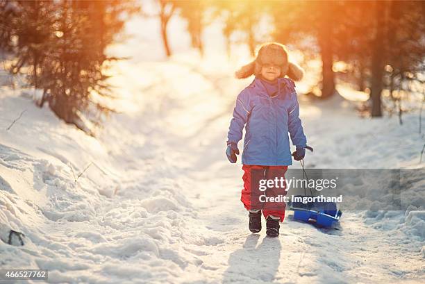 little boy and his sled in winter worest. - kids playing snow stock pictures, royalty-free photos & images