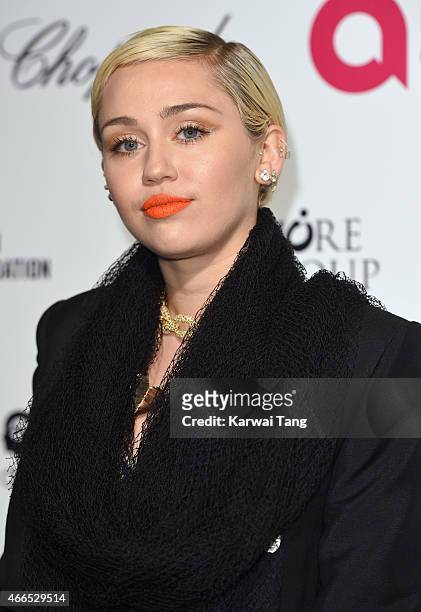 Miley Cyrus attends the Elton John AIDS Foundation's 23rd annual Academy Awards Viewing Party at The City of West Hollywood Park on February 22, 2015...